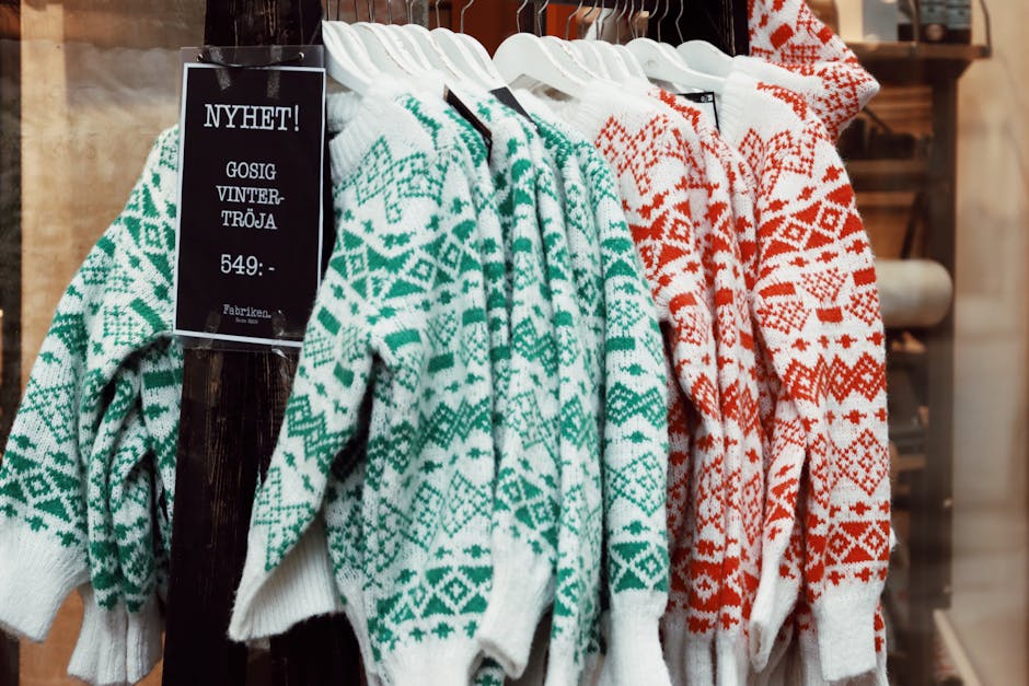 Warm wool sweaters in a Swedish store, perfect for winter.